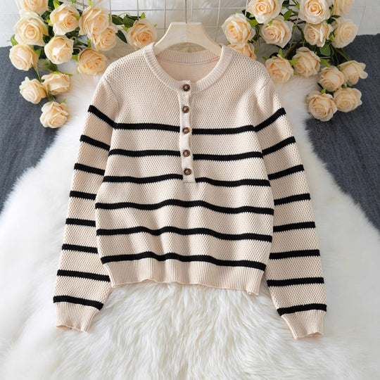 Damen hochwertiger gestreifter Strickpullover mit Knopfdetail und lässigem Schnitt R&B