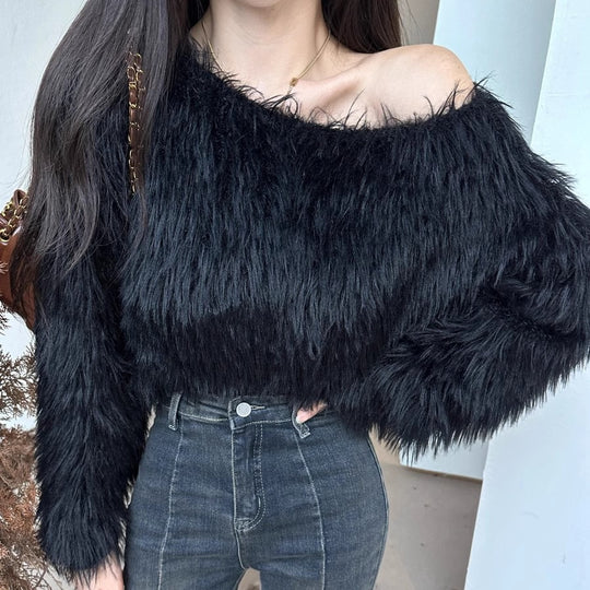 Damen cropped Pullover mit flauschiger Textur und Off-Shoulder-Design R&B