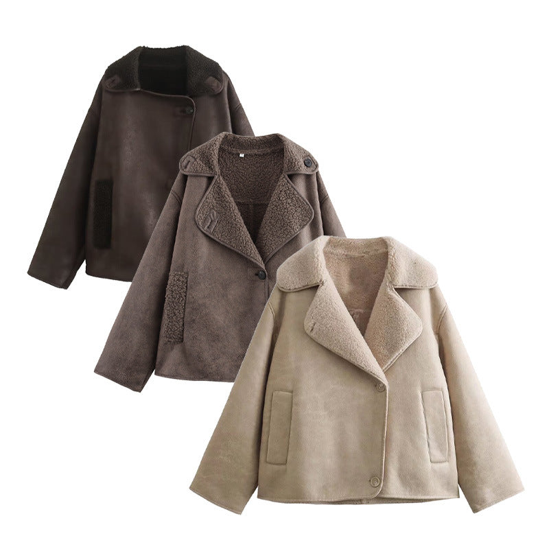 Damen Kunstpelzjacke mit stilvollem Kragen und praktischen Taschen R&B