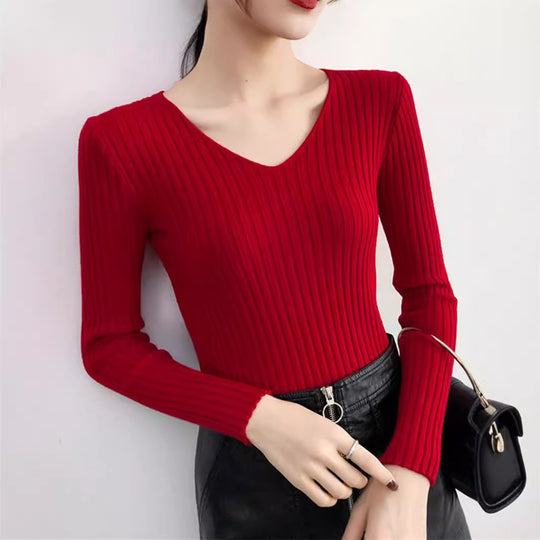 Damen Feinstrickpullover mit V-Ausschnitt und Rippenstruktur R&B