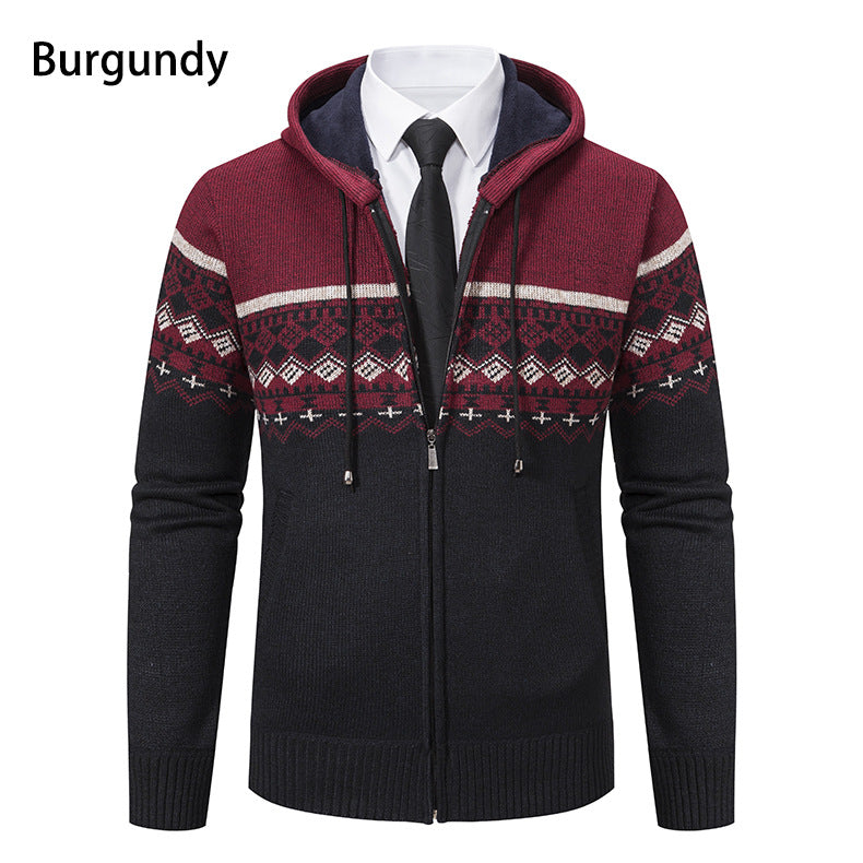 Herren stilvolle Strickjacke mit Kapuze und Norweger-Muster R&B