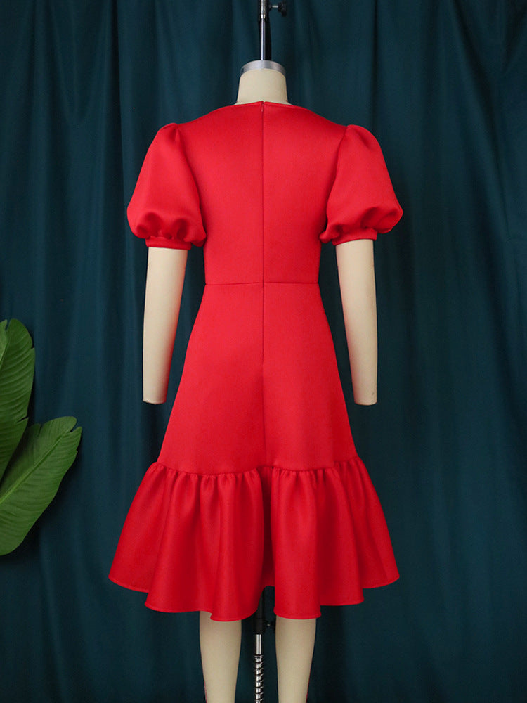 Damen elegantes Fit-and-Flare Kleid mit Puffärmeln R&B