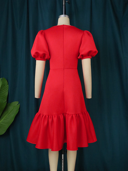 Damen elegantes Fit-and-Flare Kleid mit Puffärmeln R&B