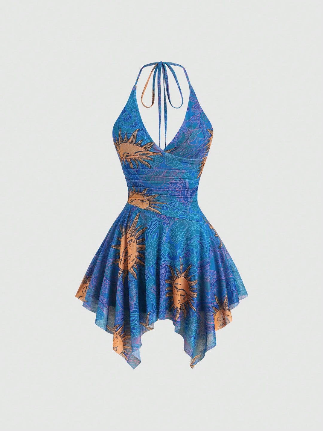Damen lässiges Strandkleid mit asymmetrischem Saum und raffiniertem Druck R&B
