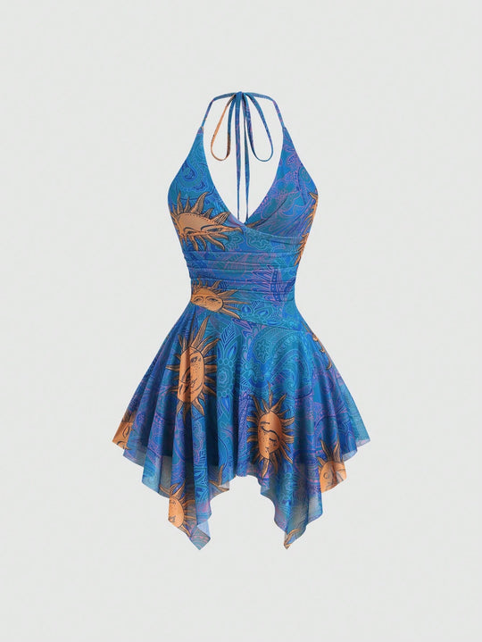 Damen lässiges Strandkleid mit asymmetrischem Saum und raffiniertem Druck R&B