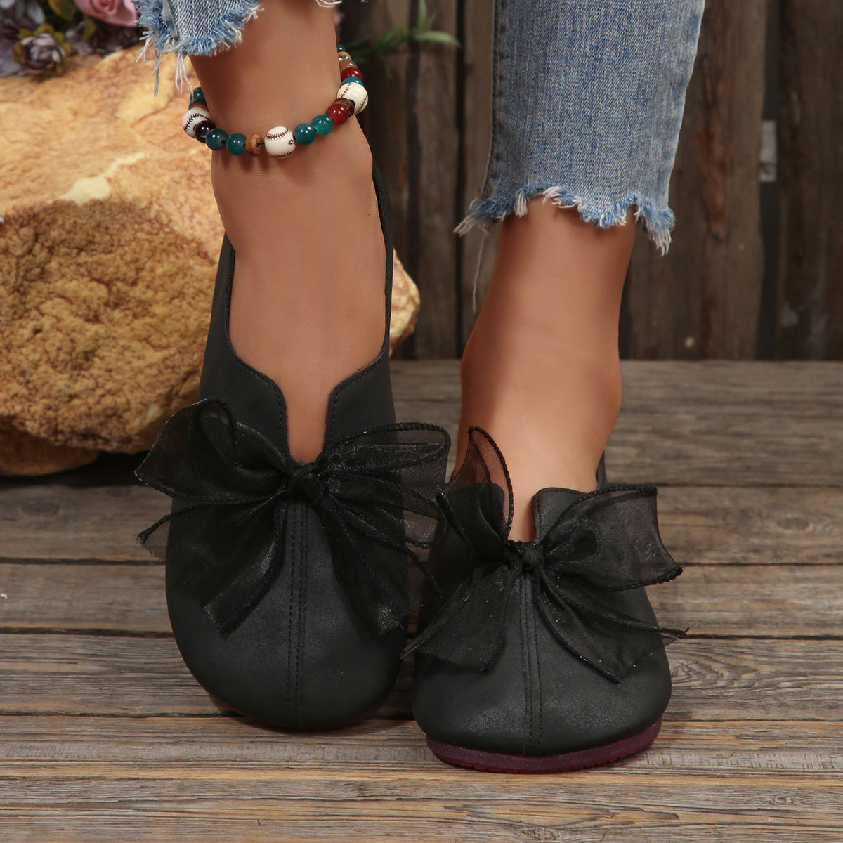 Damen elegante Ballerinas mit grosser Schleifenapplikation und weichem Innenfutter R&B