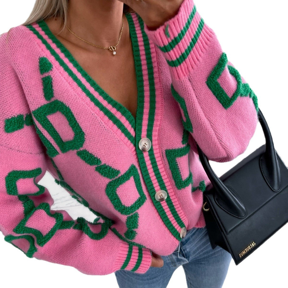 Damen Grobstrickjacke mit modernen geometrischen Muster und komfortablem Schnitt R&B