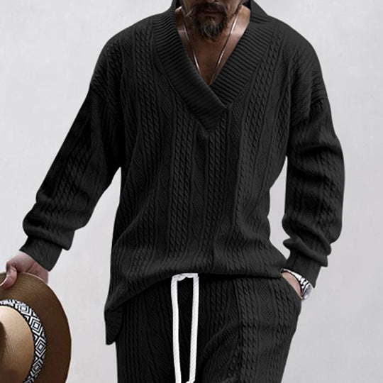 Herren nan Kabelstrick-Set mit tiefem V-Ausschnitt und Kordelbund-Jogginghose R&B