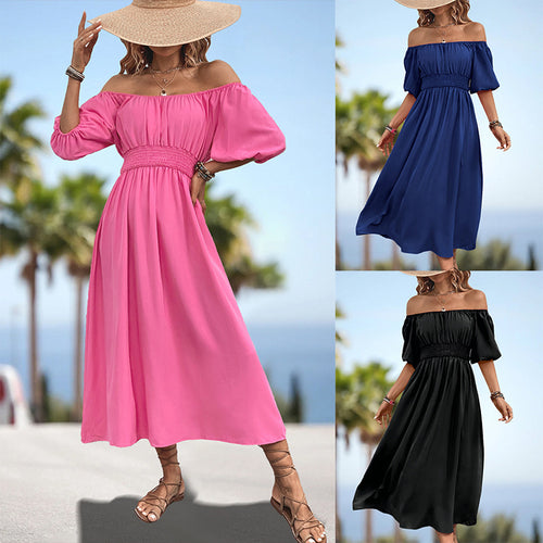 Damen Off-Shoulder Midi-Kleid mit elastischem Bund und voluminösen Ärmeln R&B