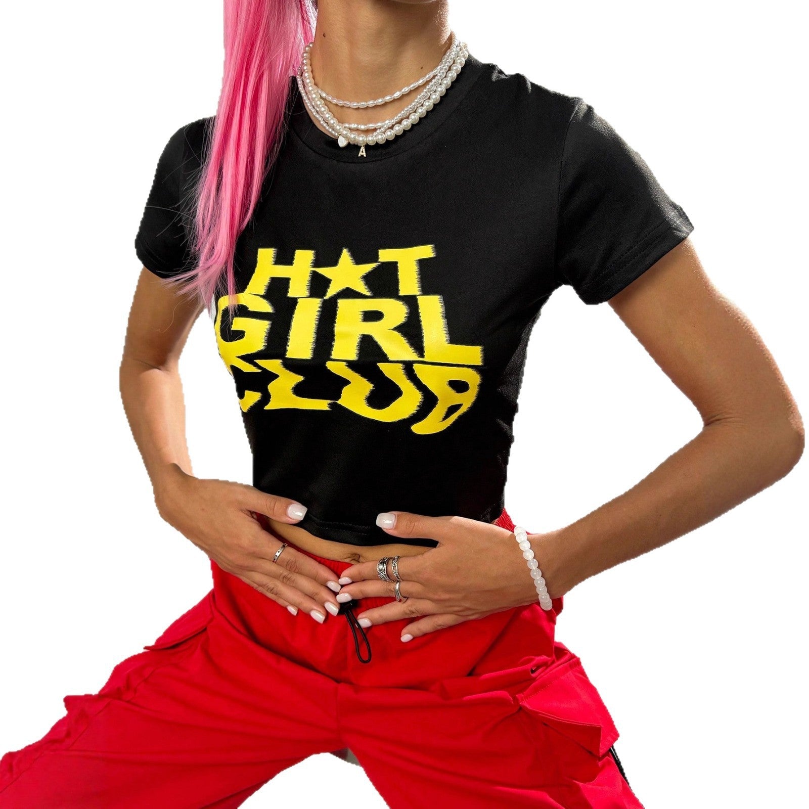 Damen Crop-T-Shirt mit auffälligem Schriftzug und figurbetontem Schnitt R&B