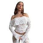 Damen Spitzen-Crop-Top mit weitem Ärmel und passenden Hose R&B