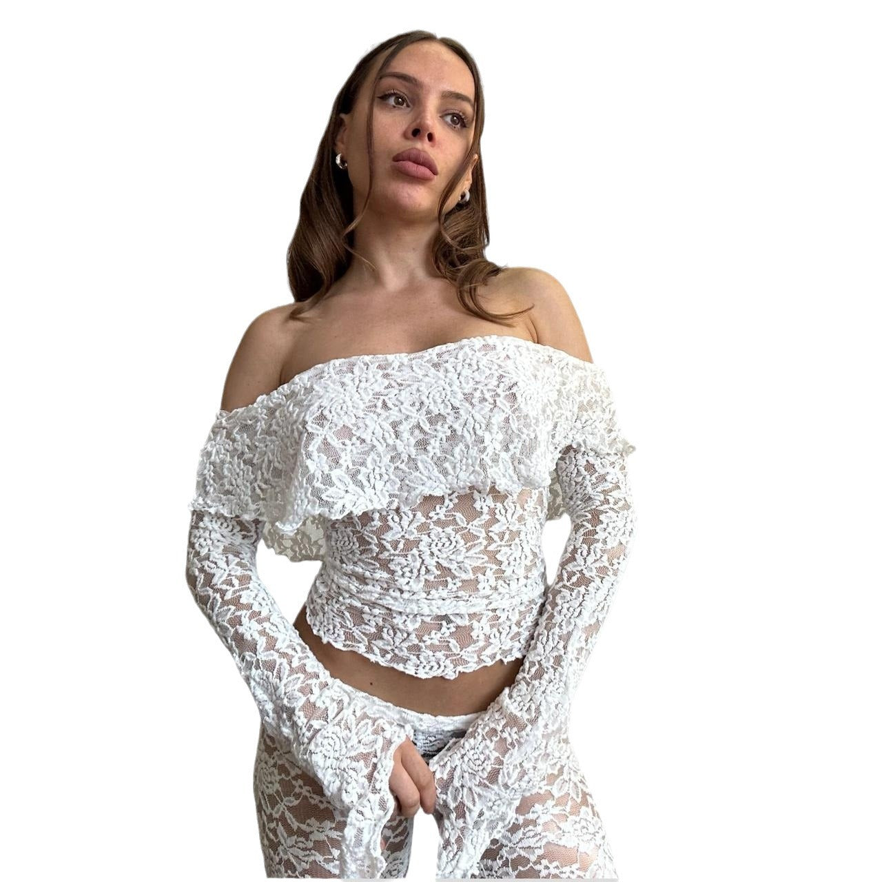 Damen Spitzen-Crop-Top mit weitem Ärmel und passenden Hose R&B