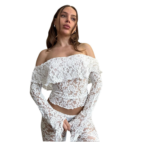 Damen Spitzen-Crop-Top mit weitem Ärmel und passenden Hose R&B