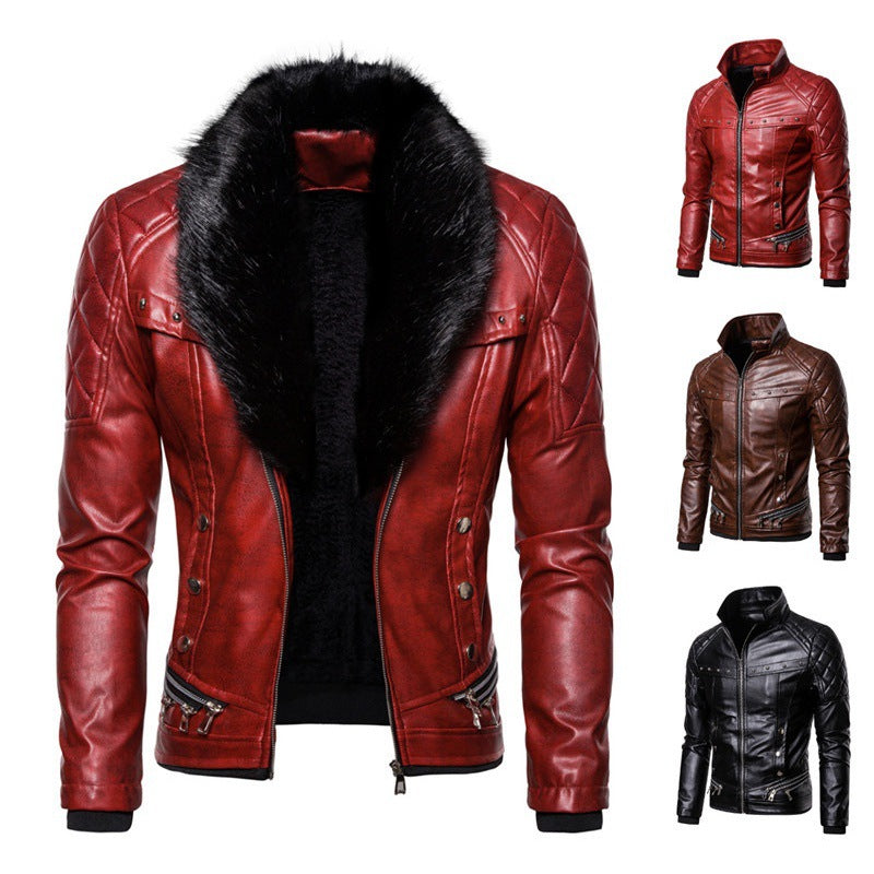Herren Kunstlederjacke mit abnehmbarem Fellkragen und gesprenkelter Oberflächenstruktur R&B