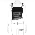 Damen leichtes Rüschenshirt mit Spaghettiträgern und transparenten Einsätzen R&B