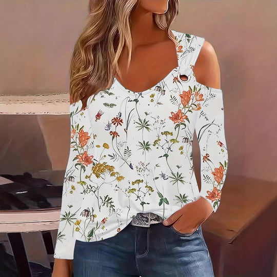 Damen Elegantes Langarmshirt mit kühlem Schulterdesign und floralem Druck R&B