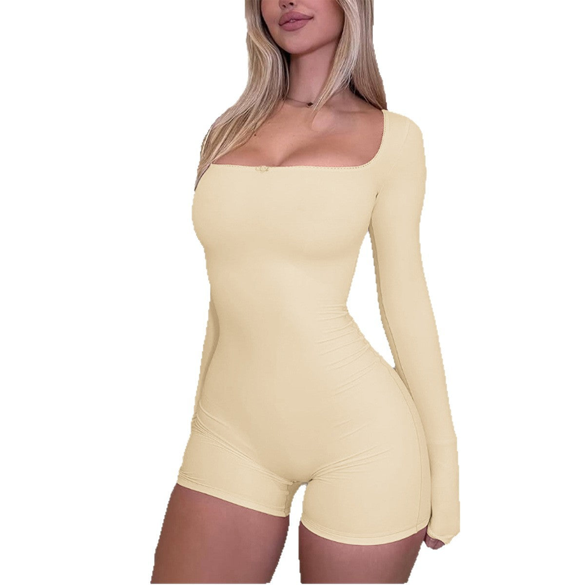 Damen Bodycon Einteiler mit langen Ärmeln und quadratischem Ausschnitt R&B
