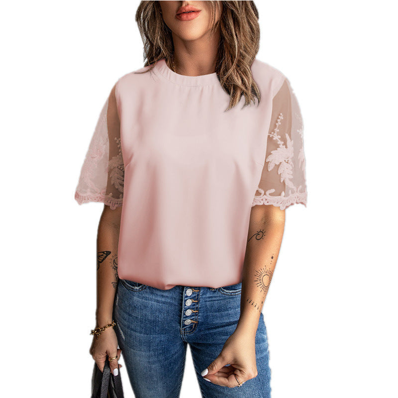 Damen Elegantes T-Shirt mit Spitze an den Ärmeln R&B