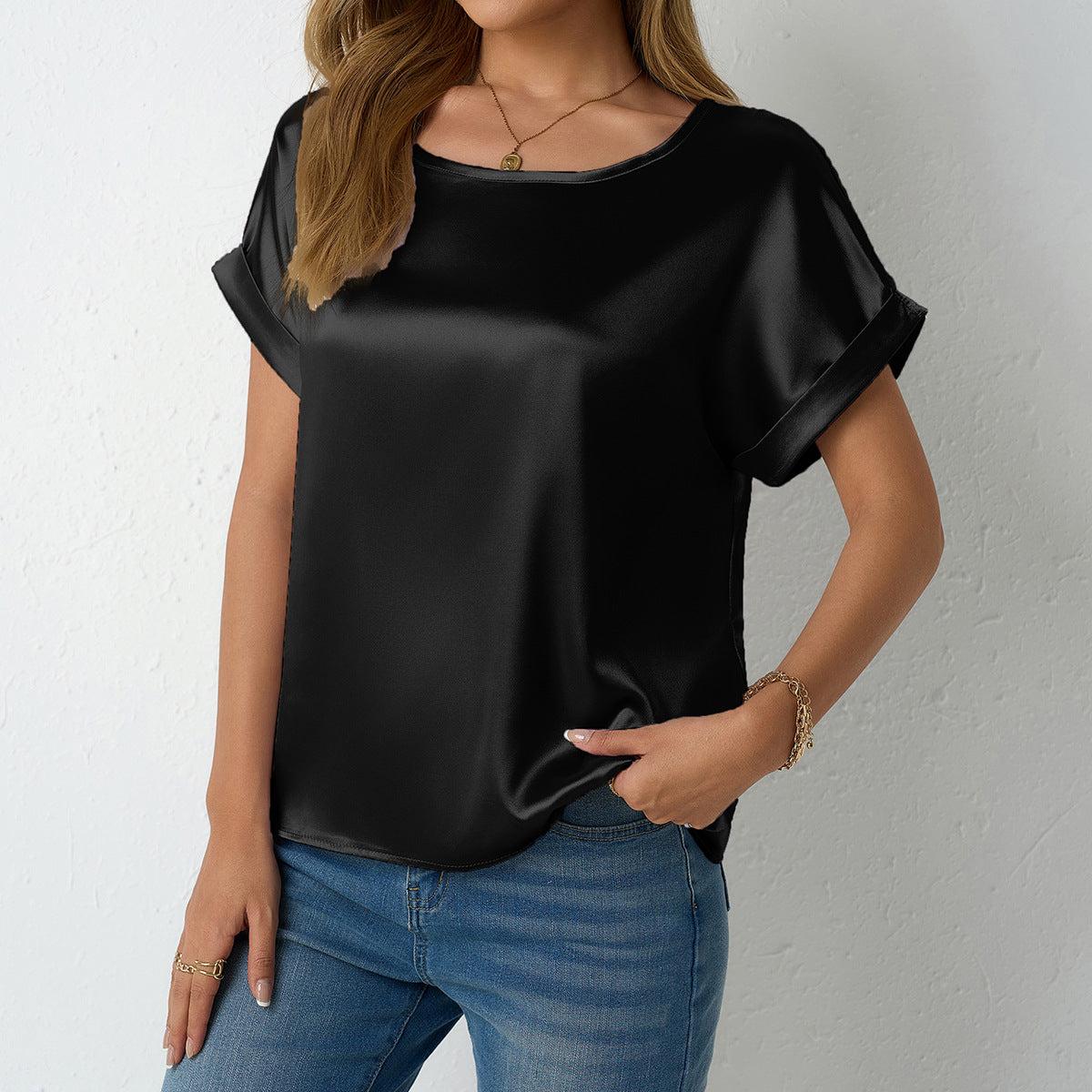 Damen Satin-Oberteil mit umgeschlagenen Ärmeln R&B