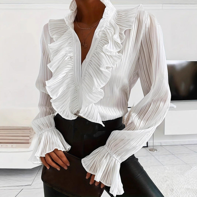 Damen Plissee Bluse mit Rüschendetails und eleganten Volants R&B