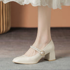 Damen Mary Jane Pumps mit elegantem Perlenschmuck und Blockabsatz R&B