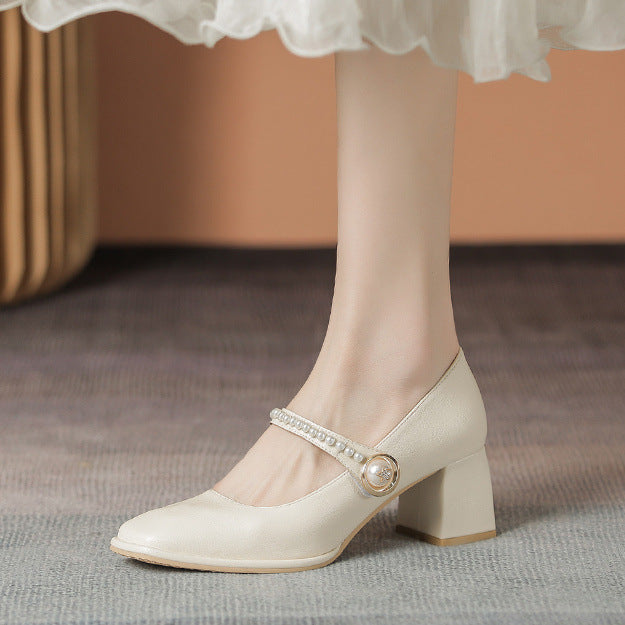 Damen Mary Jane Pumps mit elegantem Perlenschmuck und Blockabsatz R&B