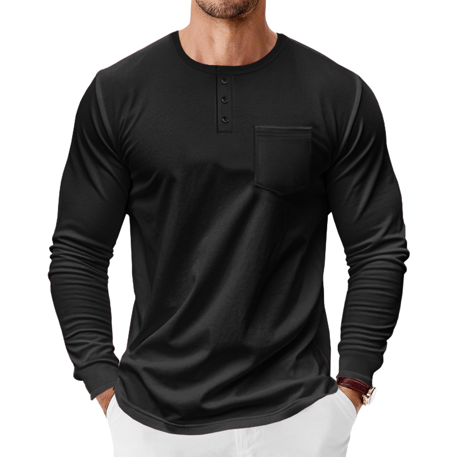 Herren Langarm-Henley-Shirt mit praktischer Brusttasche R&B