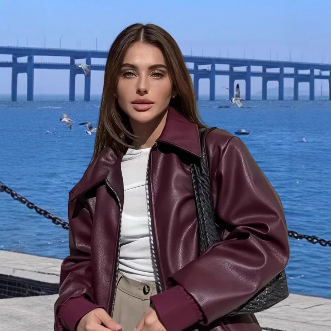 Damen moderne Bikerjacke mit glänzendem Kunstleder R&B
