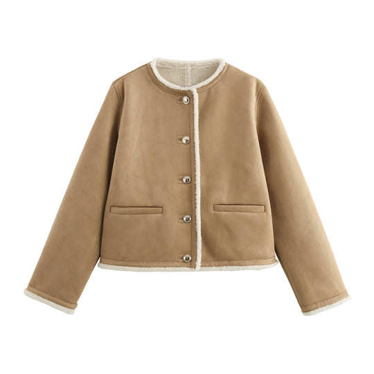 Damen Teddyjacke mit Button-Details und zwei aufgesetzten Taschen R&B
