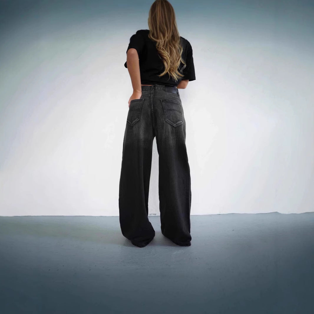 Damen Weit geschnittene Jeans mit modischem High-Waist Design und einzigartiger Waschung R&B