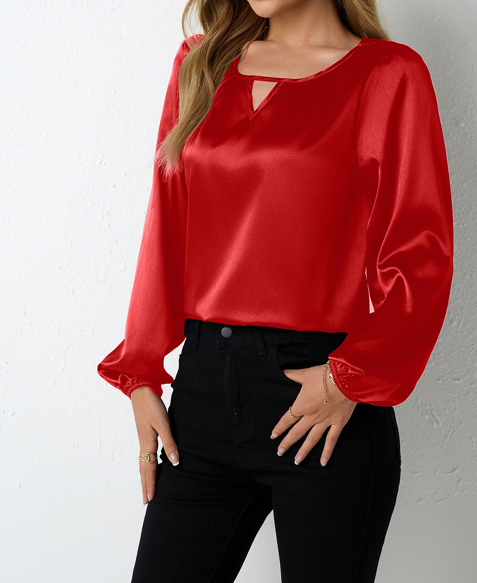 Damen elegante Satinbluse mit verspieltem Schlüsselausschnitt R&B