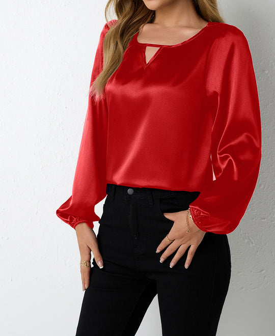 Damen elegante Satinbluse mit verspieltem Schlüsselausschnitt R&B