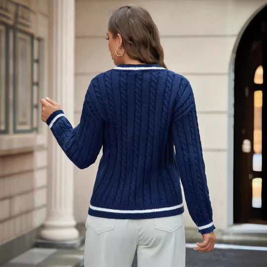 Damen Strickpullover mit V-Ausschnitt und klassischem Zopfdesign R&B