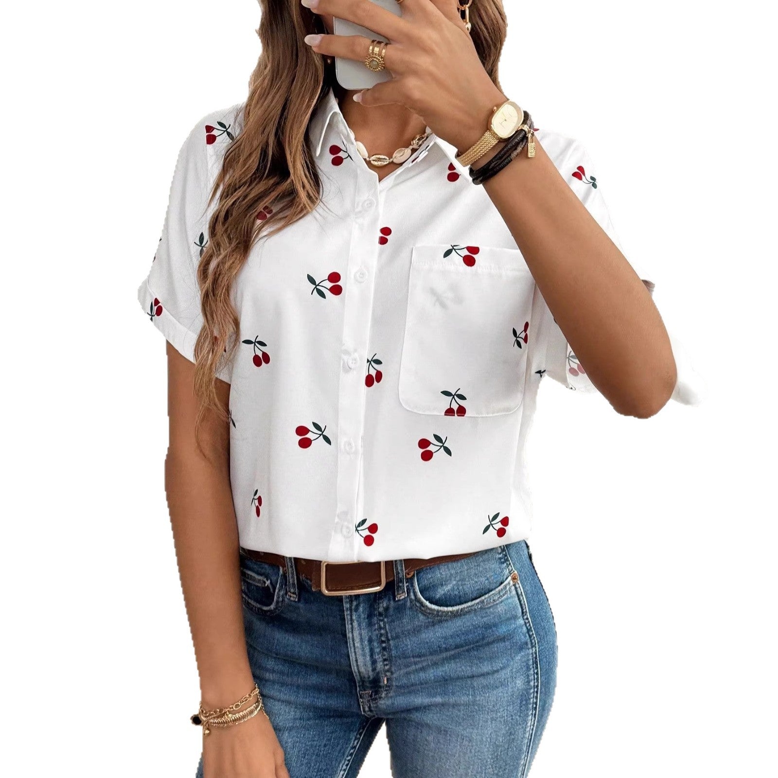 Damen Kurzarm Bluse mit Kirschmotiv und Tasche R&B