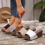Damen Wedge-Pantoletten mit modischem Leopardenmuster und komfortablem Fußbett R&B