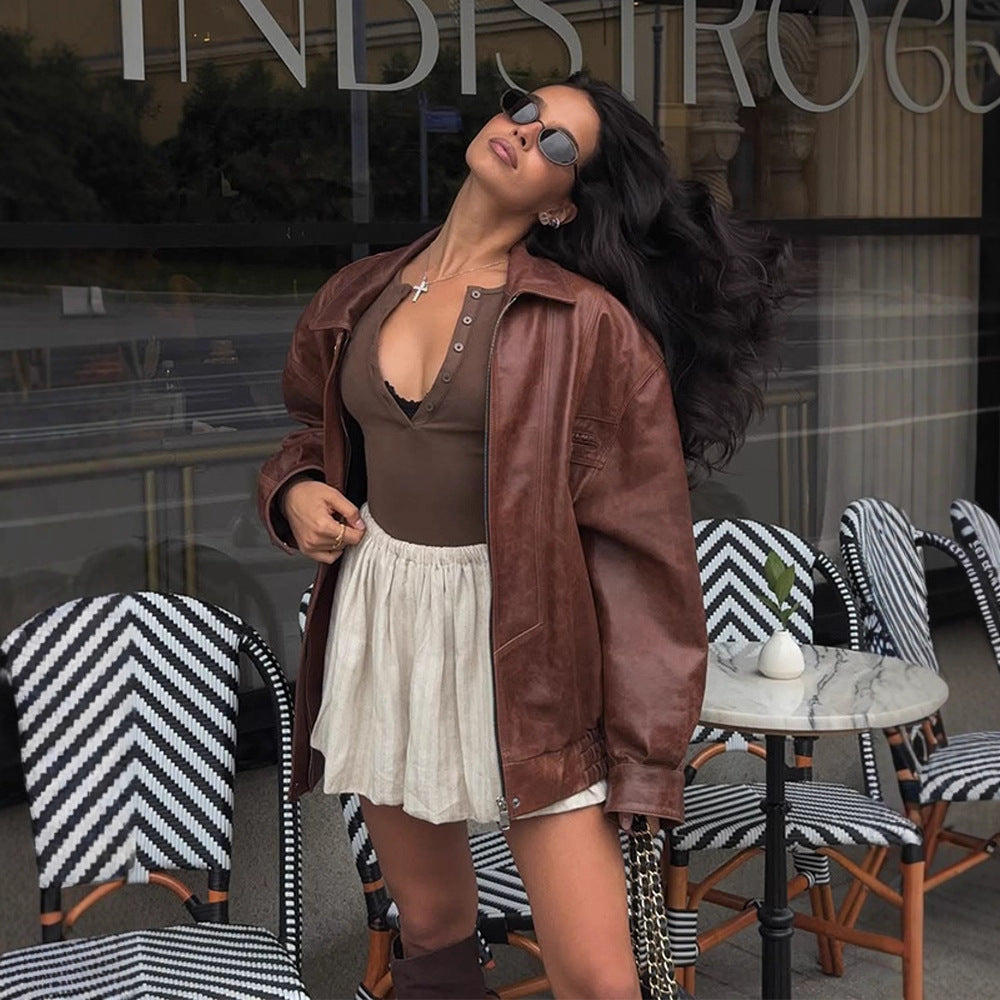 Damen lässige Kunstlederjacke im Oversized-Stil R&B