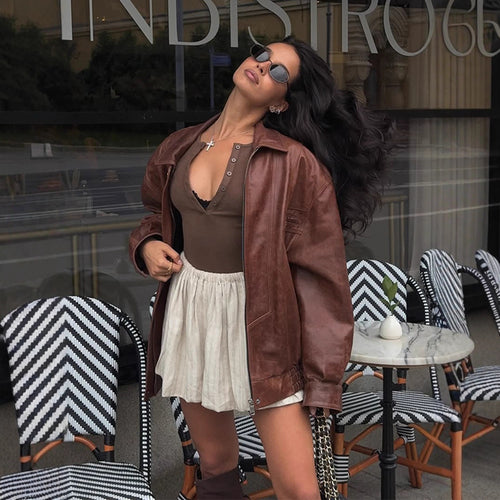 Damen lässige Kunstlederjacke im Oversized-Stil R&B