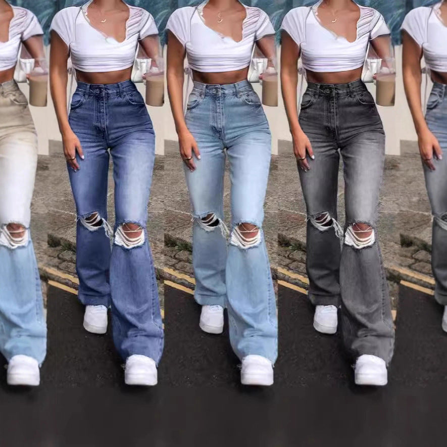 Damen lässige Bootcut Jeans mit Destroyed-Details