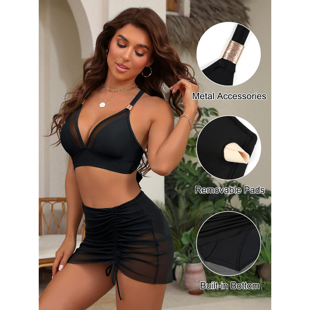 Damen Bikini mit transparentem Rock und verstellbaren Trägern R&B