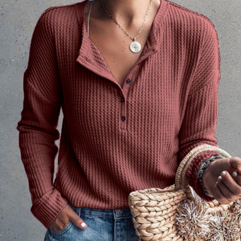 Damen Langarmhemd mit strukturiertem Waffelmuster und modischen Knopfdetails R&B