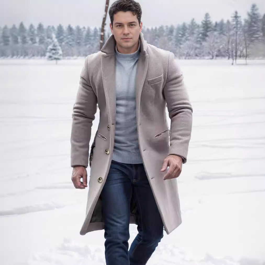 Herren eleganter Wollmantel mit schmalem Schnitt und goldenen Knöpfen R&B