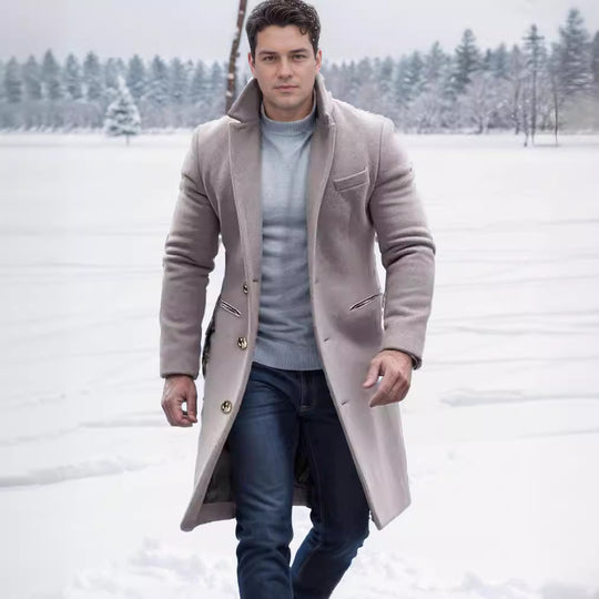Herren eleganter Wollmantel mit schmalem Schnitt und goldenen Knöpfen R&B