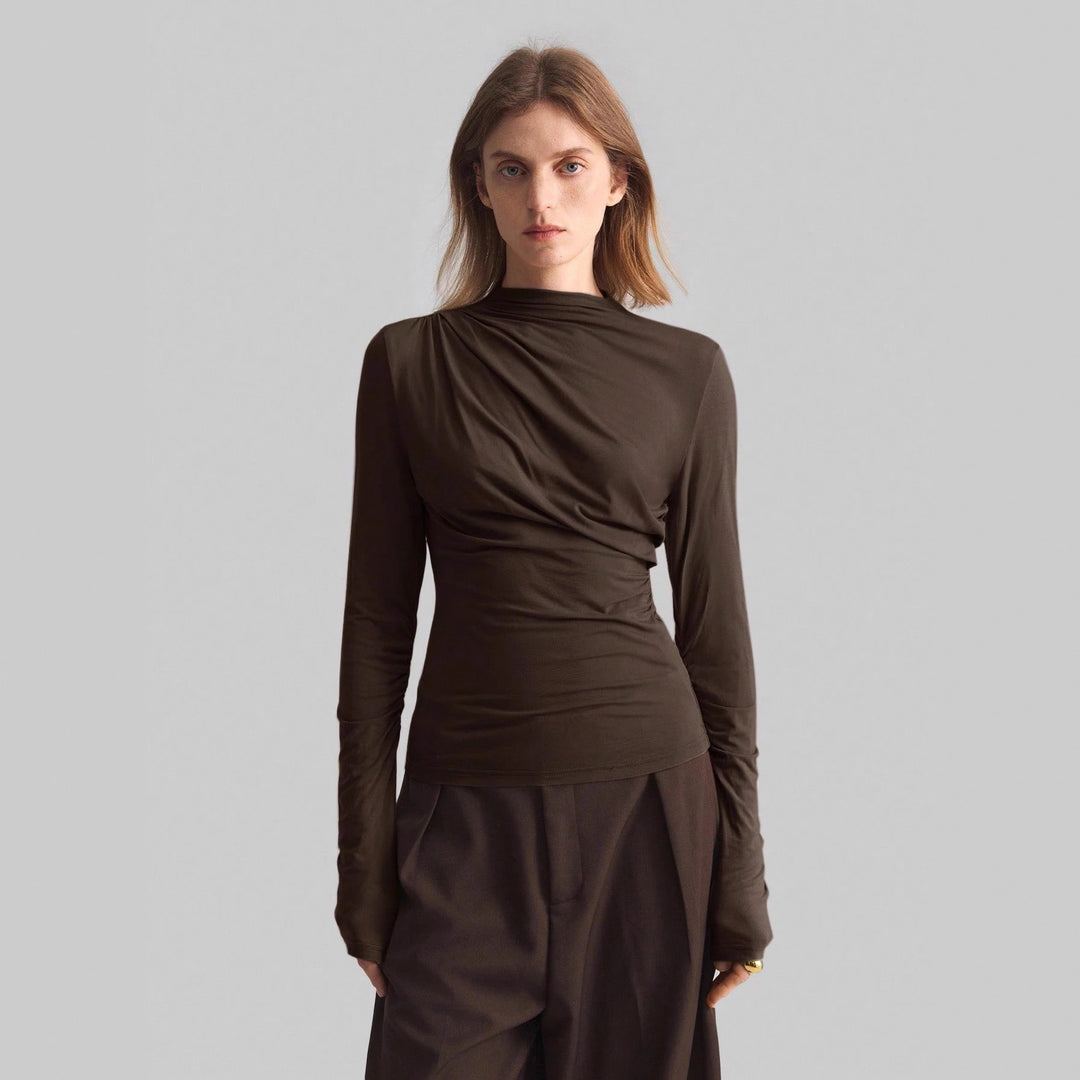 Damen nan schmal geschnittenes Langarmshirt mit asymmetrischer Drapierung und seitlicher Raffung R&B