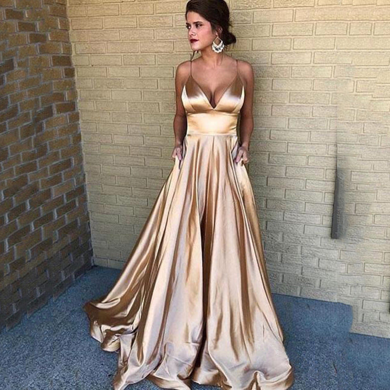 Damen A-Linien Abendkleid mit tiefem Ausschnitt und schmalen Trägern R&B