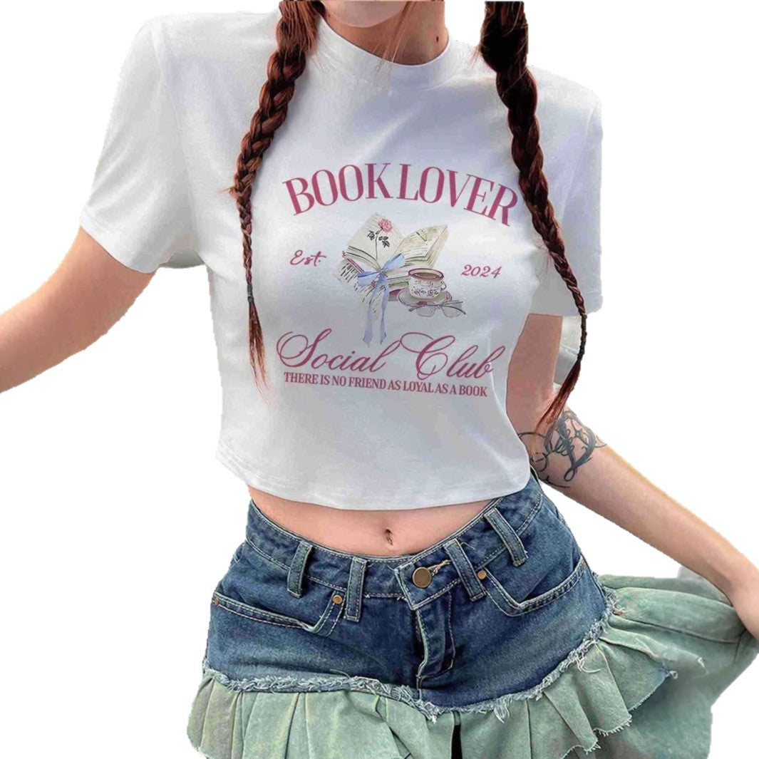 Damen Crop-T-Shirt mit kreativem BuchliR&Bhaber-Design und R&Brnem Aufdruck R&B