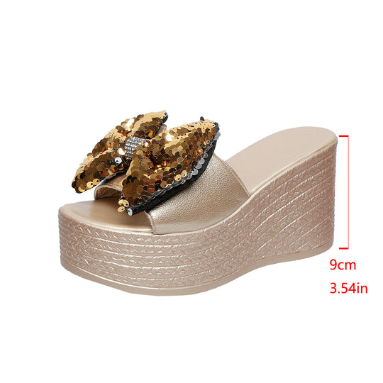 Damen Plateau-Pantoletten mit glitzerndem Schleifen-Design R&B