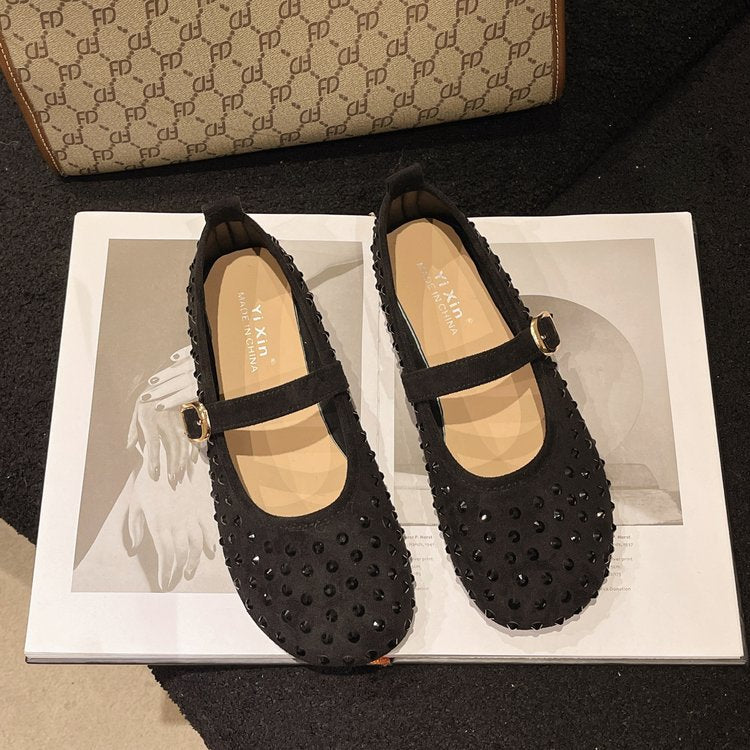 Damen elegante Mary Jane Ballerinas mit dekorativem Riemen und Strassdetails R&B