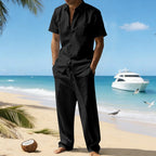 Herren nan resort-taugliches Kurzarm-Hemd mit Brusttasche und lässiger Leinen-Kordelhose R&B