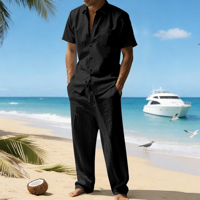 Herren nan resort-taugliches Kurzarm-Hemd mit Brusttasche und lässiger Leinen-Kordelhose R&B