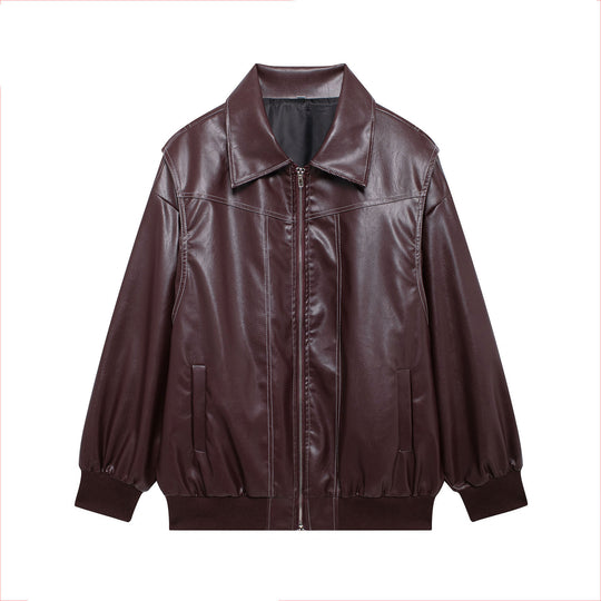 Damen Kunstlederjacke mit elastischen Bündchen und hochschließendem Kragen R&B